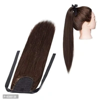 Tie Up Ponytail Human Hair Extensions With Ribbon Binding Comb Clip In Long Straight Pony Tail For Women, 20 Inch-Brown