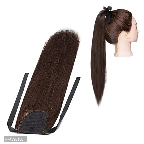 Tie Up Ponytail Human Hair Extensions With Ribbon Binding Comb Clip In Long Straight Pony Tail For Women, 20 Inch-Brown