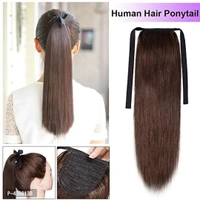 Tie Up Ponytail Human Hair Extensions With Ribbon Binding Comb Clip In Long Straight Pony Tail For Women, 20 Inch-Brown