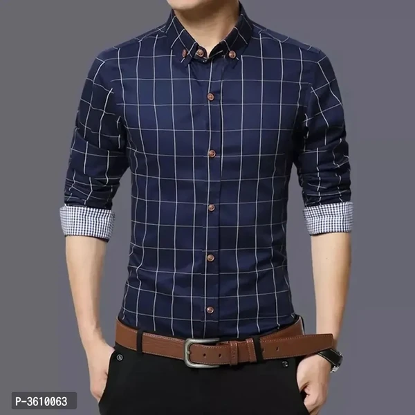 Mens Navy Blue Cotton Long Sleeves Checked Slim Fit Casual Shirt - Navy Blue, S