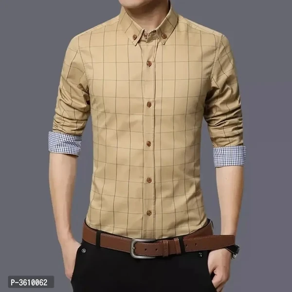 Mens Beige Cotton Long Sleeves Checked Slim Fit Casual Shirt - Begie, M