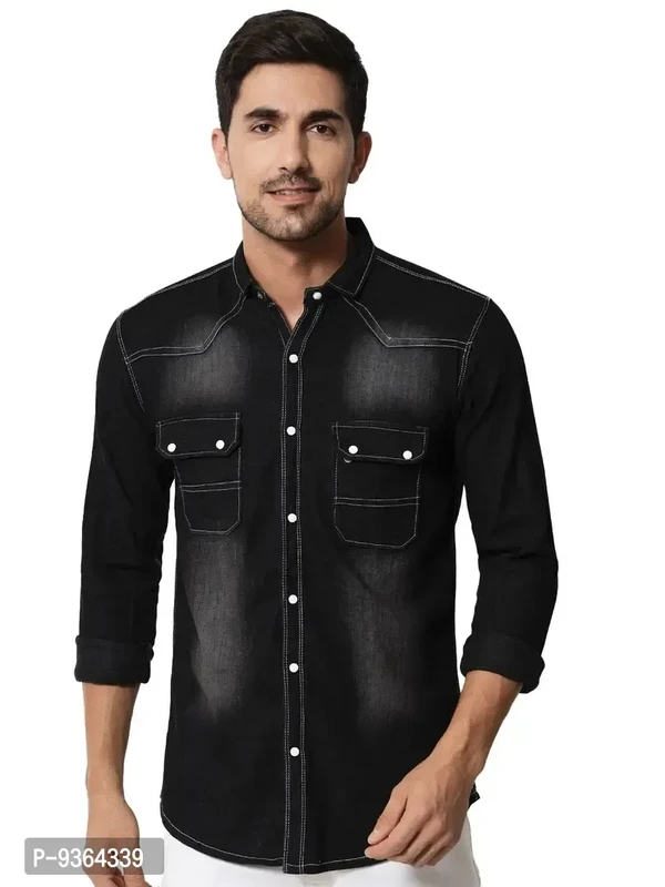 Fancy Denim Shirt For Men - Black, S