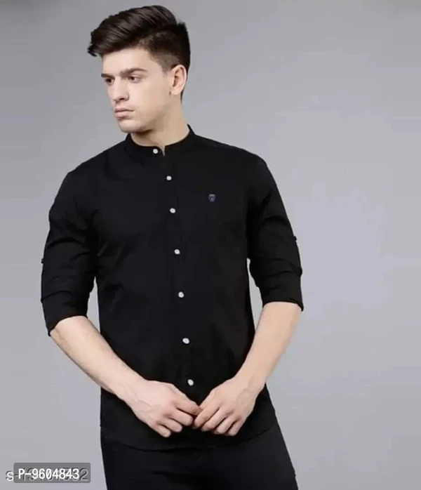 Men Regular Fit Solid Mandarin Collar Casual Shirt - Black, M