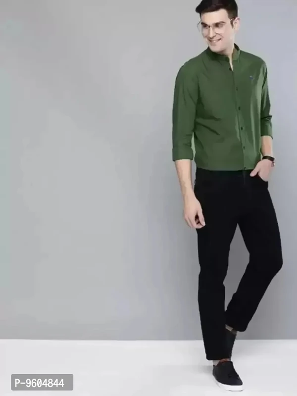 Men Regular Fit Solid Mandarin Collar Casual Shirt - Green, M