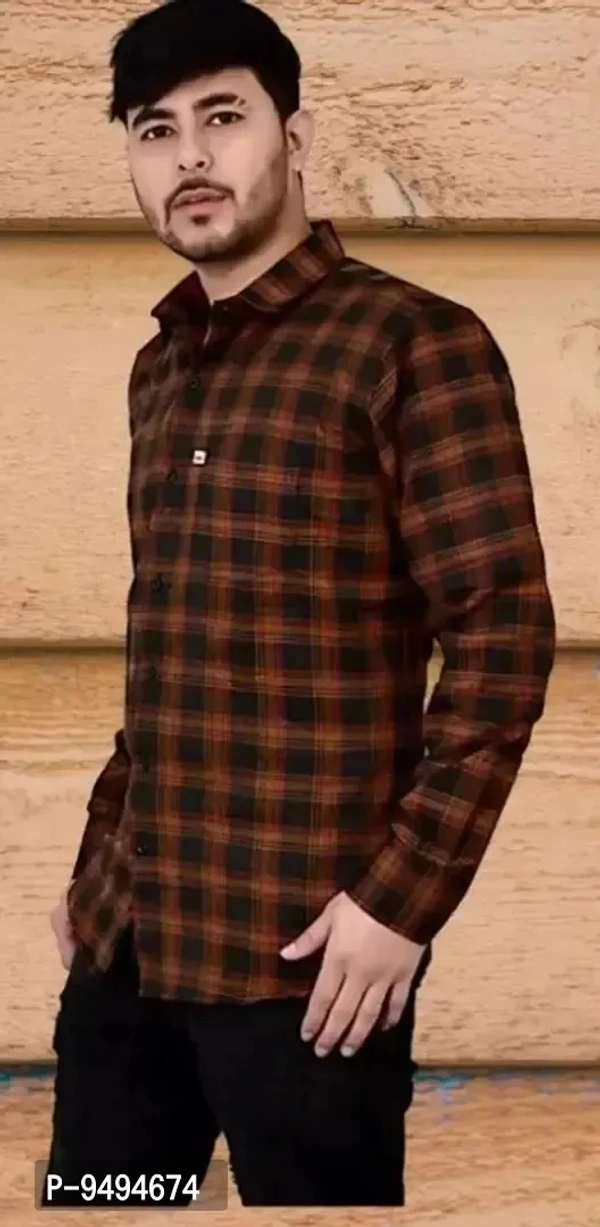Cotton Check Shirt for Mens - Brown, M