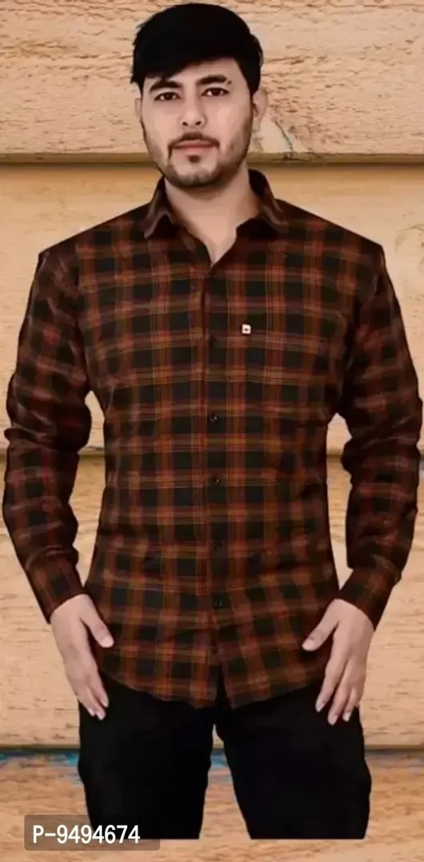 Cotton Check Shirt for Mens - Brown, L