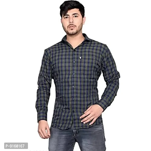 Men's Cotton Casual Full Sleeve Checkered Shirt-(225_Green) - Green, M