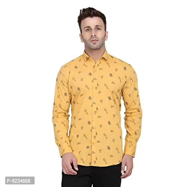 FEBIA Mens Cottonblend Printed Fullsleeve Shirt - Yellow, L