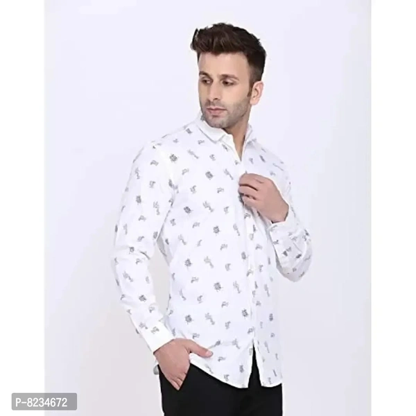 FEBIA Mens Cottonblend Printed Fullsleeve Shirt - White, S