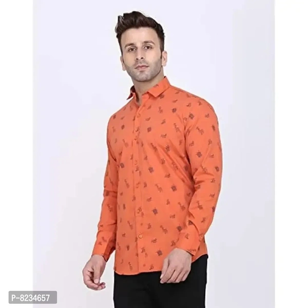 FEBIA Mens Cottonblend Printed Fullsleeve Shirt - Orange, S