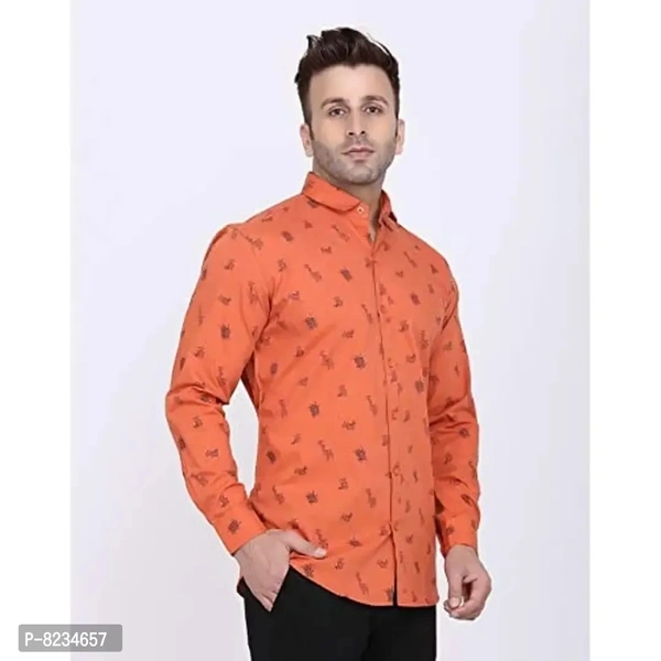 FEBIA Mens Cottonblend Printed Fullsleeve Shirt - Orange, S