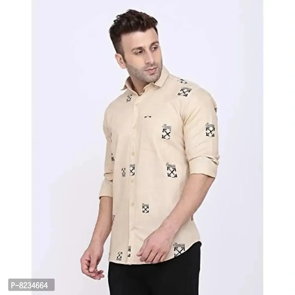 FEBIA Mens Cottonblend Printed Fullsleeve Shirt Chikugt;L Beige - Beige, S