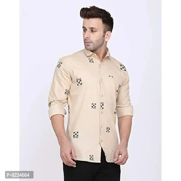 FEBIA Mens Cottonblend Printed Fullsleeve Shirt Chikugt;L Beige - Beige, S