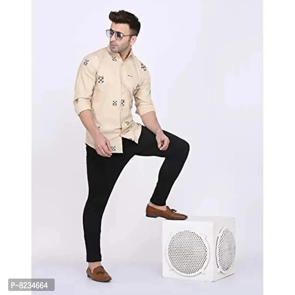 FEBIA Mens Cottonblend Printed Fullsleeve Shirt Chikugt;L Beige - Beige, S