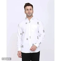 FEBIA Mens Cottonblend Printed Fullsleeve Shirt - White, S