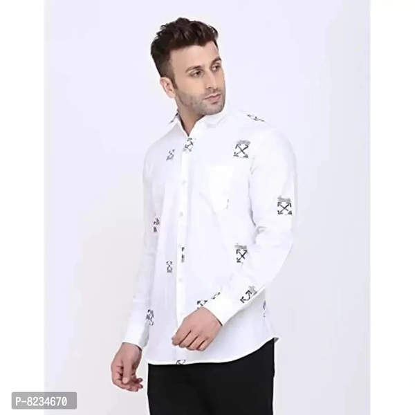 FEBIA Mens Cottonblend Printed Fullsleeve Shirt - White, S