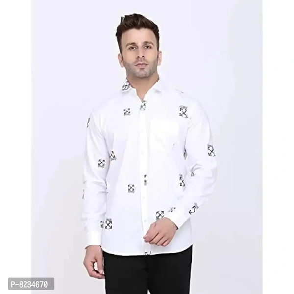 FEBIA Mens Cottonblend Printed Fullsleeve Shirt - White, M