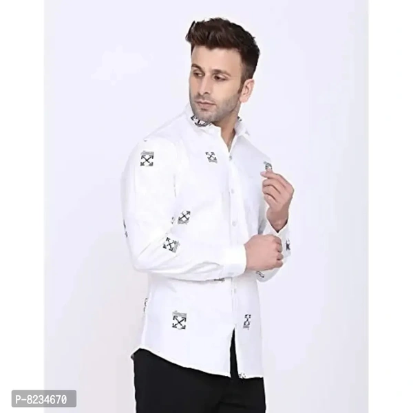 FEBIA Mens Cottonblend Printed Fullsleeve Shirt - White, L