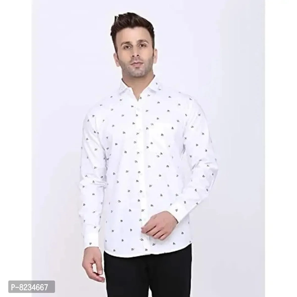 FEBIA Mens Cottonblend Printed Fullsleeve Shirt - White, L