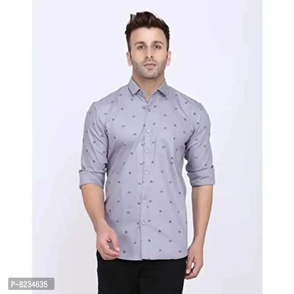 FEBIA Mens Cottonblend Printed Fullsleeve Shirt - Gray, L