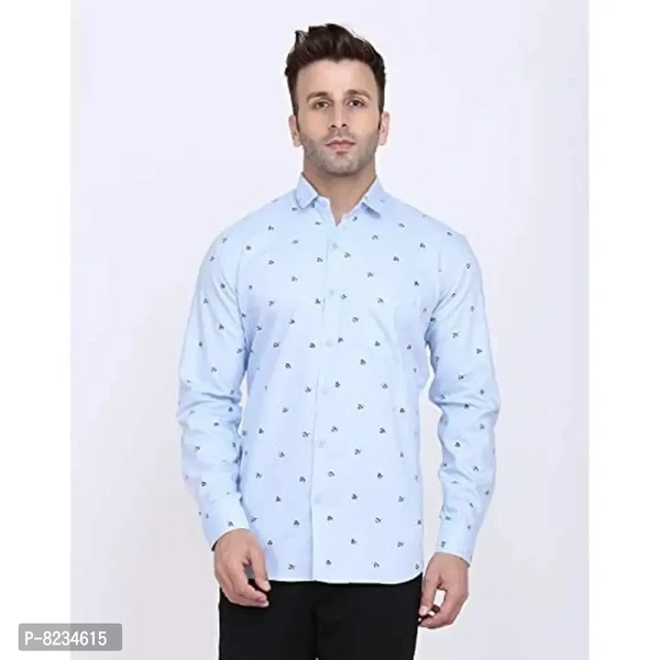 FEBIA Mens Cottonblend Printed Fullsleeve Shirt - Light Blue, XL