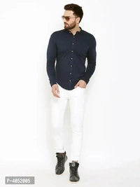 Navy Blue Cotton Solid Regular Fit Casual Shirt - Navy Blue, XL