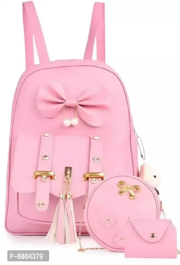 Trendy Pink PU Bags For Women- 3 Pieces Set, Backpack, Sling Bag, Clutches