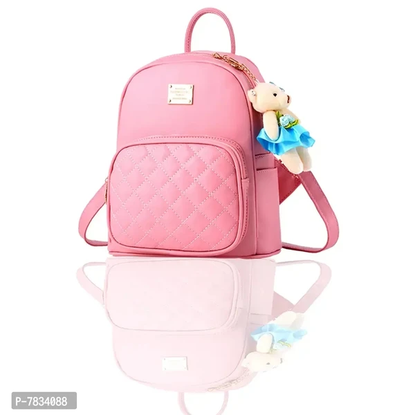 Stylish Pink PU Solid Backpacks For Women And Girls