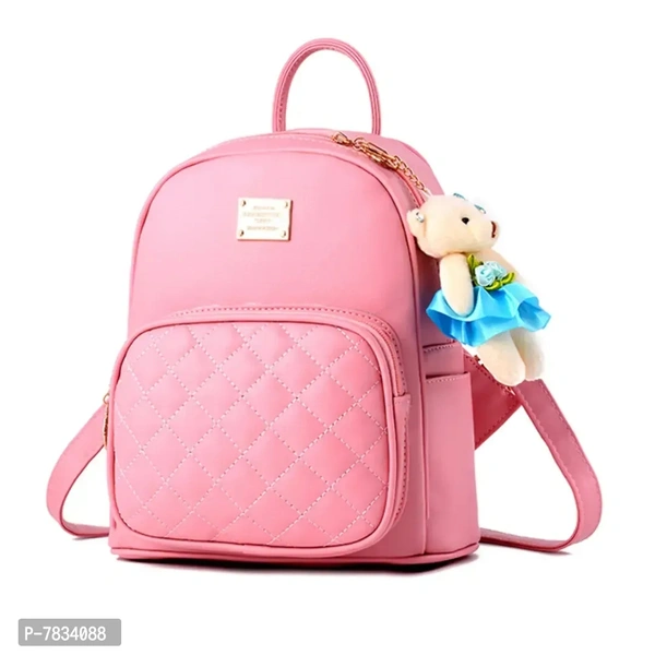 Stylish Pink PU Solid Backpacks For Women And Girls