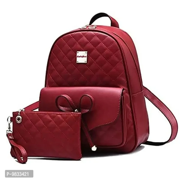 SaleBox? Fashion Girls 2-PCS Fashion Cute Stylish Leather Backpack & Pouch Set for Women/School & College Girls (Maroon)