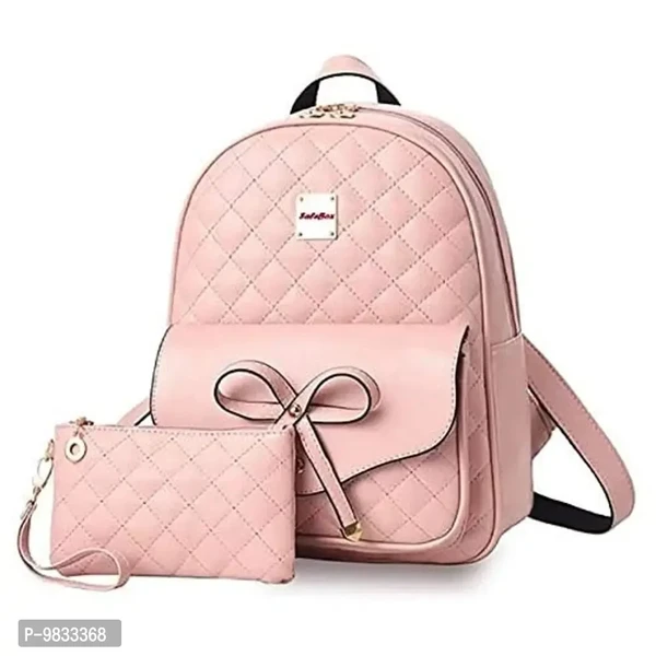 SaleBox? Fashion Girls 2-PCS Fashion Cute Stylish Leather Backpack & Pouch Set for Women/School & College Girls (Baby Pink)