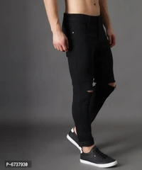Stylish Cotton Blend Knee Cut Slim Fit Black Solid Jeans For Men - 30, Black