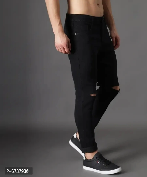 Stylish Cotton Blend Knee Cut Slim Fit Black Solid Jeans For Men - 30, Black