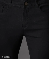 Stylish Cotton Blend Knee Cut Slim Fit Black Solid Jeans For Men - 30, Black