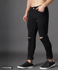 Stylish Cotton Blend Knee Cut Slim Fit Black Solid Jeans For Men - 30, Black