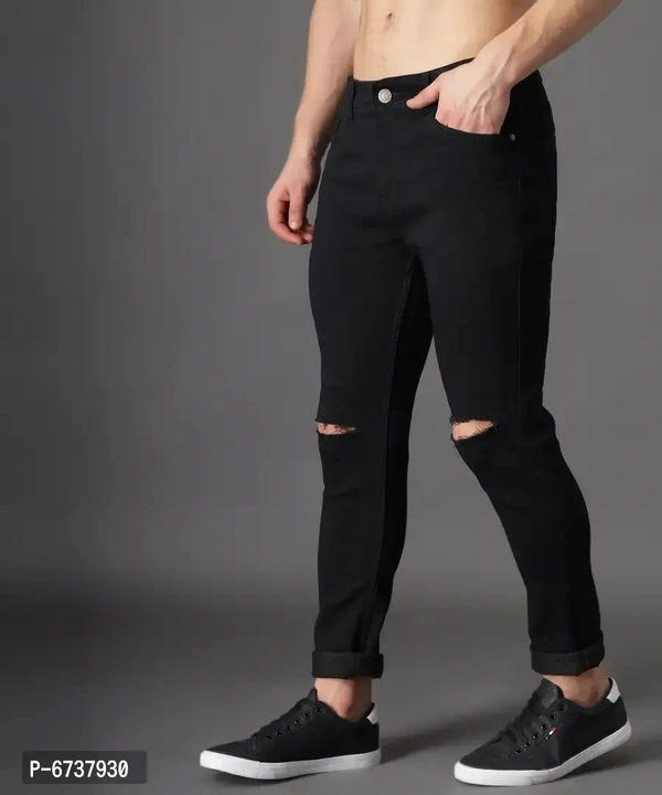 Stylish Cotton Blend Knee Cut Slim Fit Black Solid Jeans For Men - 32, Black