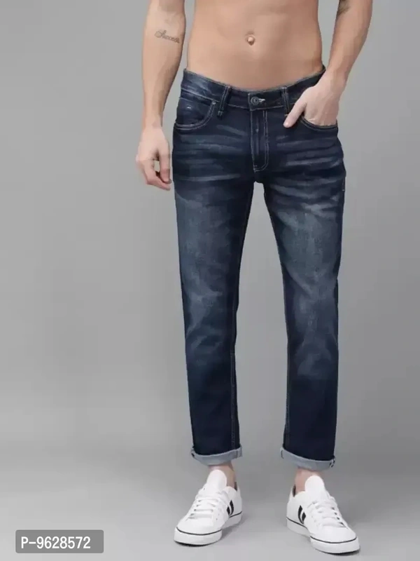 Elegant Denim Navy Blue Solid Tapered Fit Jeans For Men - 32