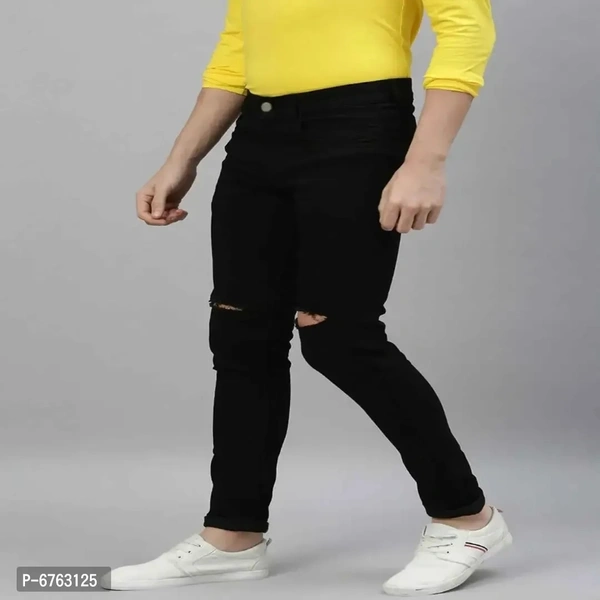Mens Black Slim Fit Mid-Rise Slash knee Jeans - 36