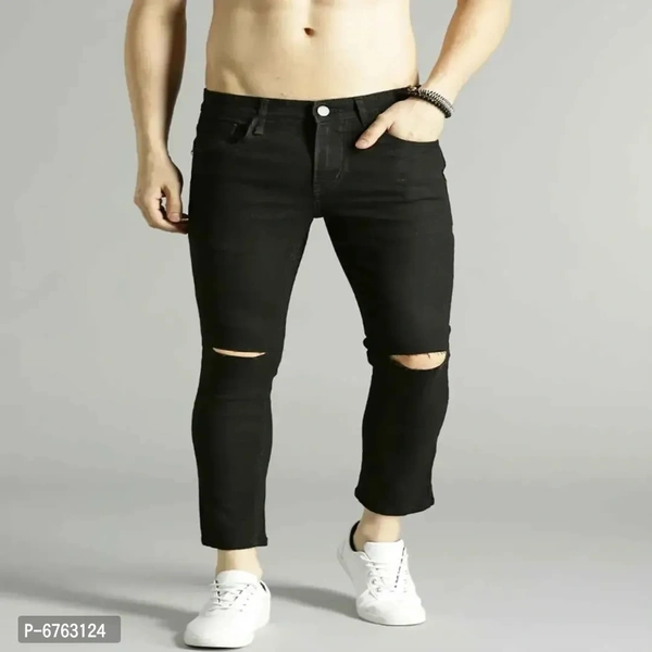 Mens Black Slim Fit Mid-Rise Slash knee Jeans - Black, 28