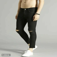 Mens Black Slim Fit Mid-Rise Slash knee Jeans - Black, 28