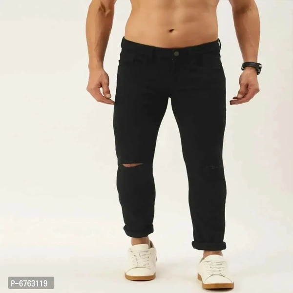 Mens Black Slim Fit Mid-Rise Slash knee Jeans - Black, 30