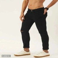 Mens Black Slim Fit Mid-Rise Slash knee Jeans - Black, 30