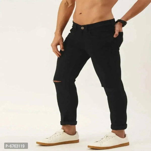 Mens Black Slim Fit Mid-Rise Slash knee Jeans - Black, 30