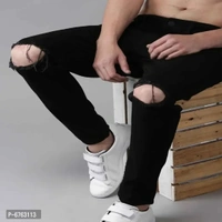 Mens Black Slim Fit Mid-Rise Slash knee Jeans - Black, 32