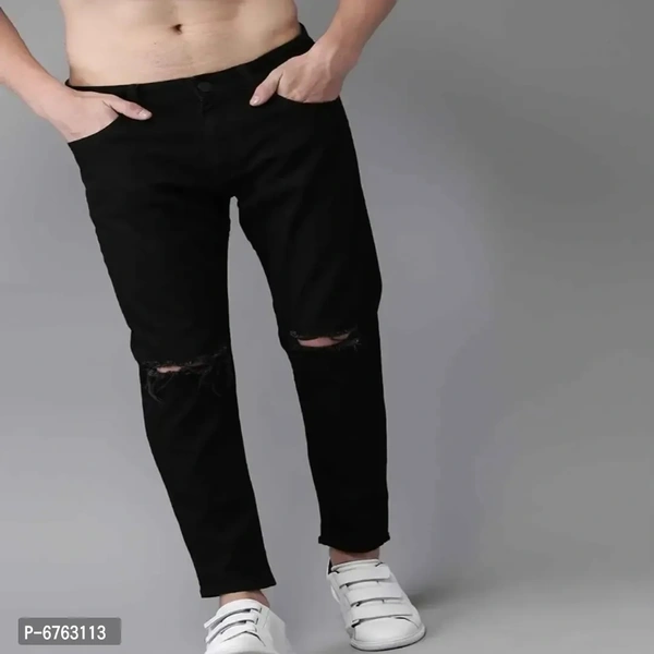 Mens Black Slim Fit Mid-Rise Slash knee Jeans - Black, 34