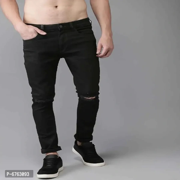 Mens Black Slim Fit Mid-Rise Slash knee Jeans - Black, 34
