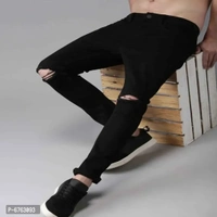 Mens Black Slim Fit Mid-Rise Slash knee Jeans - Black, 34