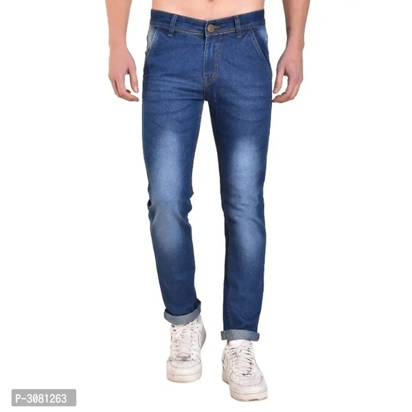 Men's Blue Cotton Spandex Faded Regular Fit Mid-Rise Jeans - 32