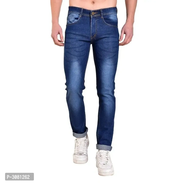 Men's Blue Cotton Spandex Faded Regular Fit Mid-Rise Jeans - 34