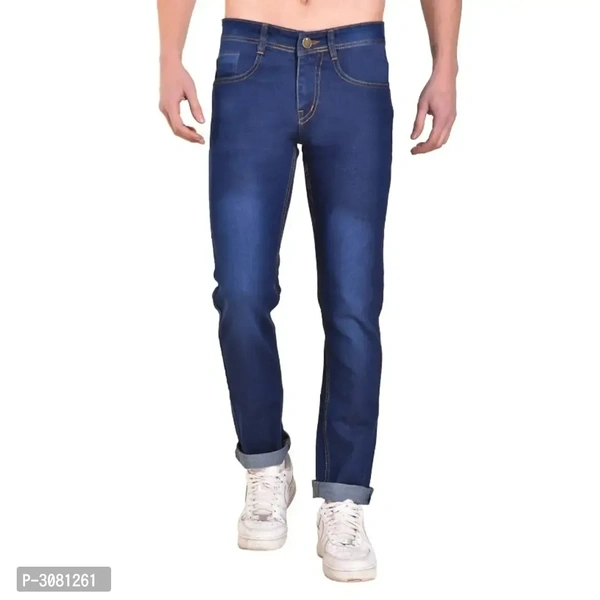 Men's Blue Cotton Spandex Faded Regular Fit Mid-Rise Jeans - 36